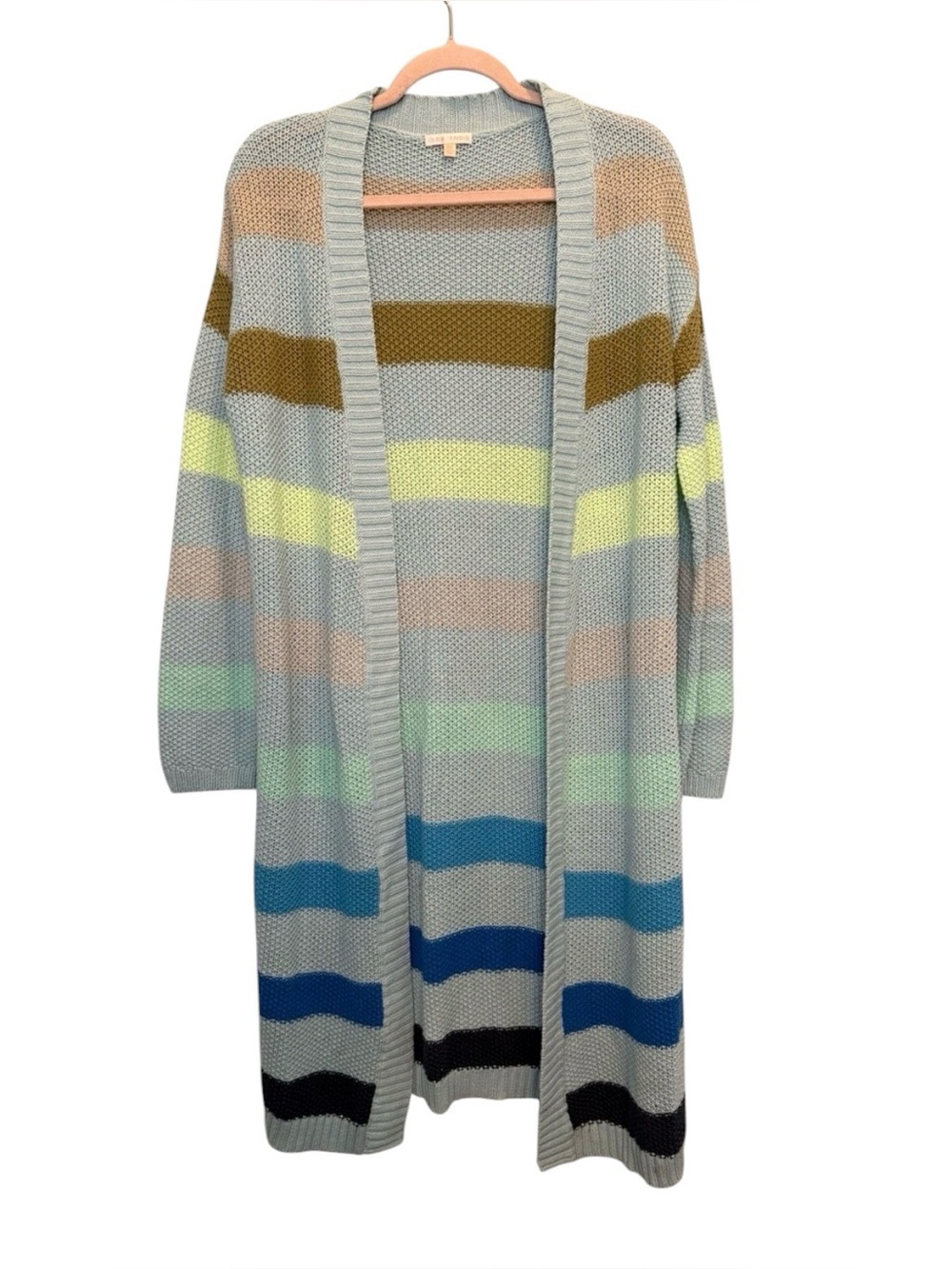 Lisa Todd Open Front Cool Tone Colorful Striped Long Duster Cardigan Sweater XS